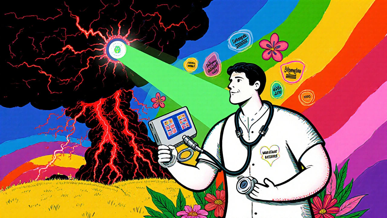 A stethoscope with a QT monitor beams safety light while dangerous drug storms fade away in rainbow colors.