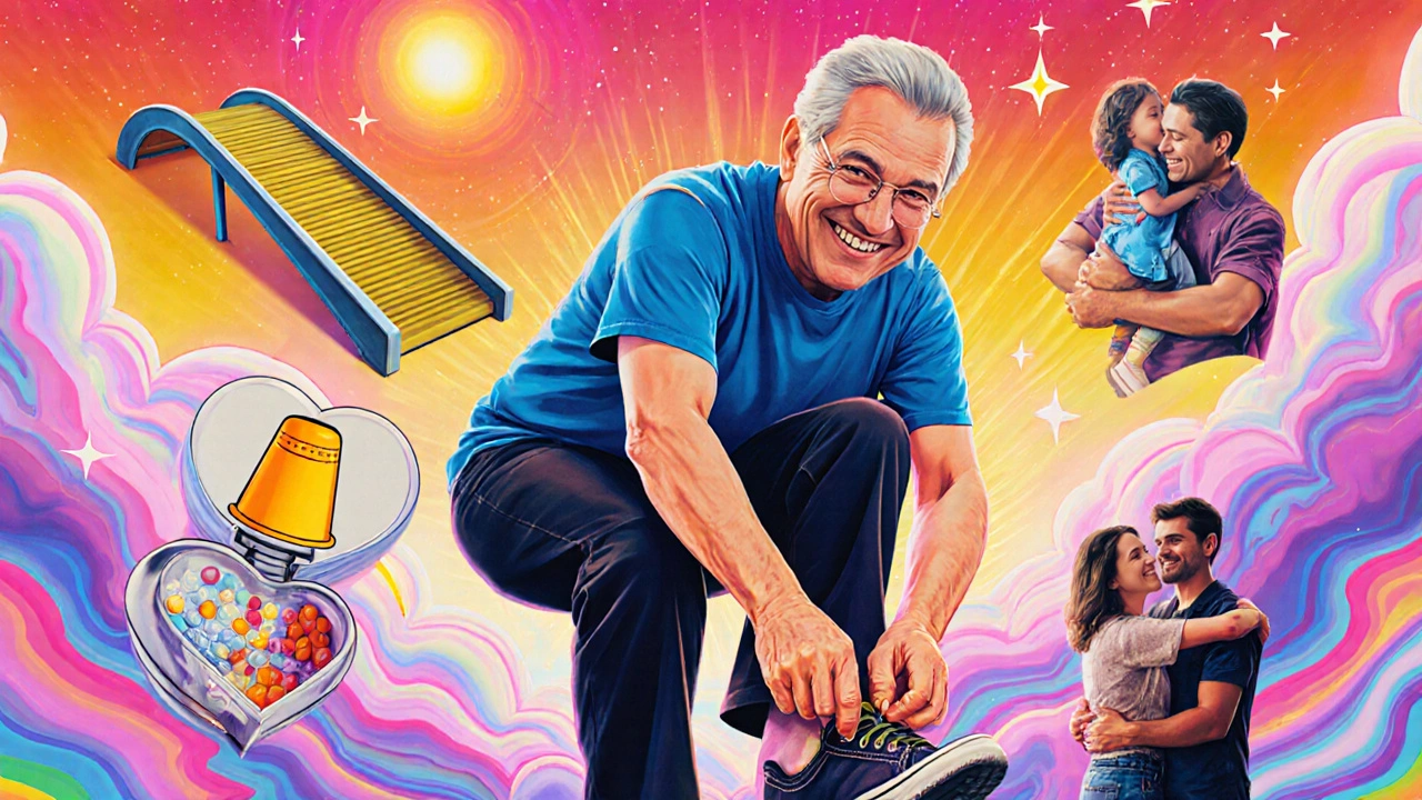 A stroke survivor tying their shoe with family nearby, surrounded by symbols of adaptive living in a rainbow-hued, surreal landscape.