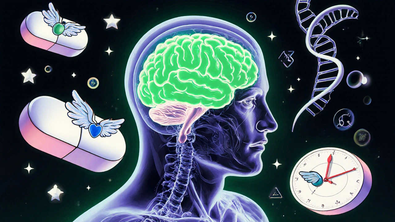 A transparent human body with glowing brain and heart, surrounded by flying pills and AI symbols, representing a smart 2025 drug holiday.