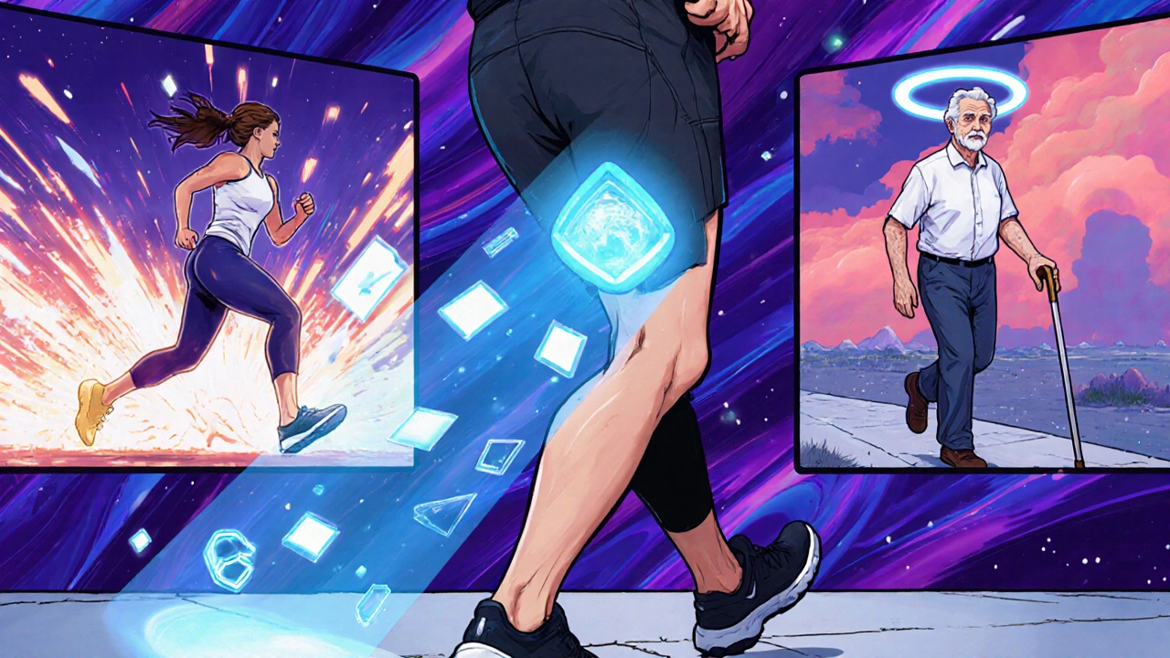 A wearable sensor glowing on a thigh, projecting hip angle warnings, while contrasting walking and running scenes in psychedelic style.