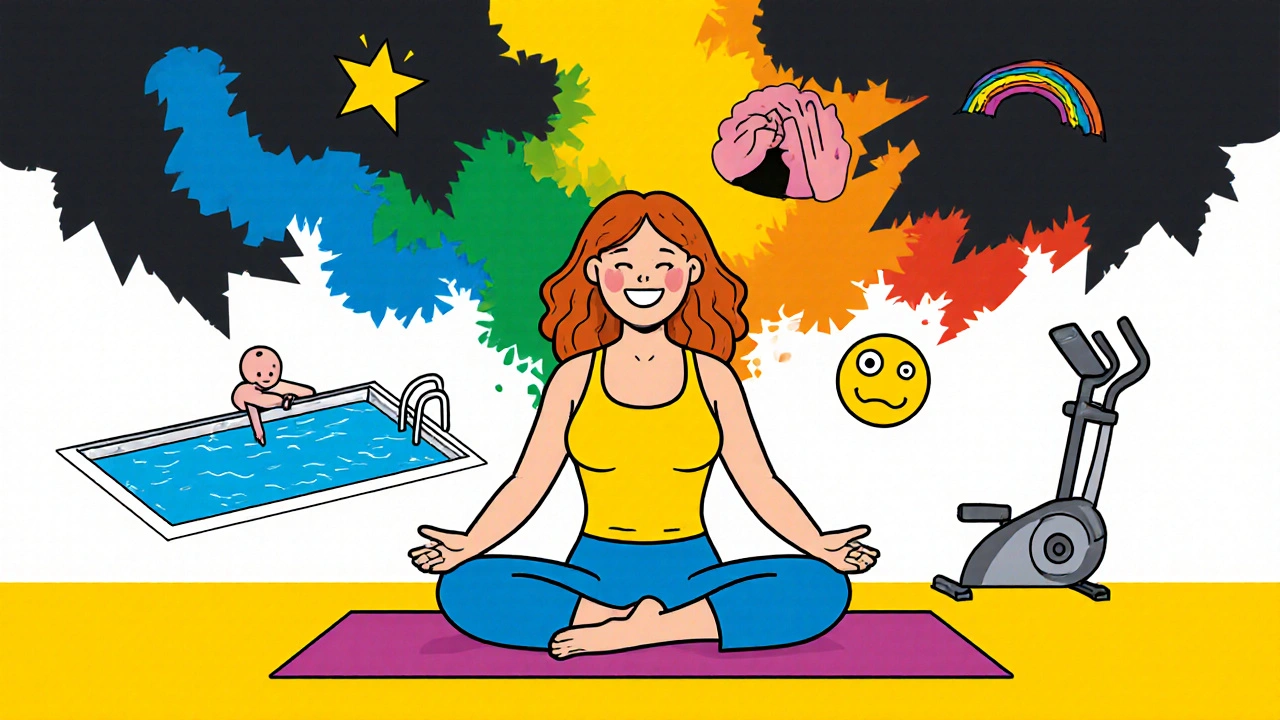 A woman gently stretching instead of doing yoga poses, with healthy activity icons floating around her in vibrant colors.
