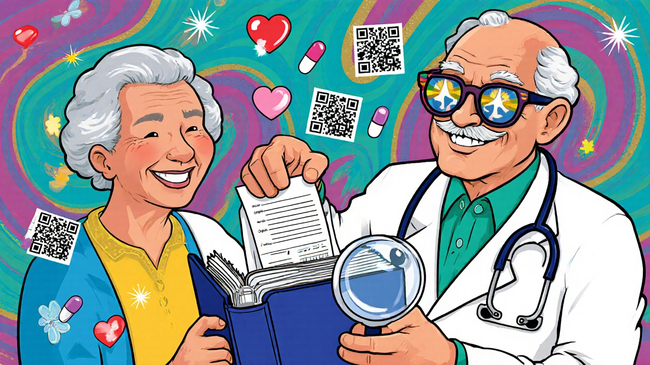 An elderly person adding a prescription label to a binder while a rainbow-stethoscope pharmacist smiles nearby.