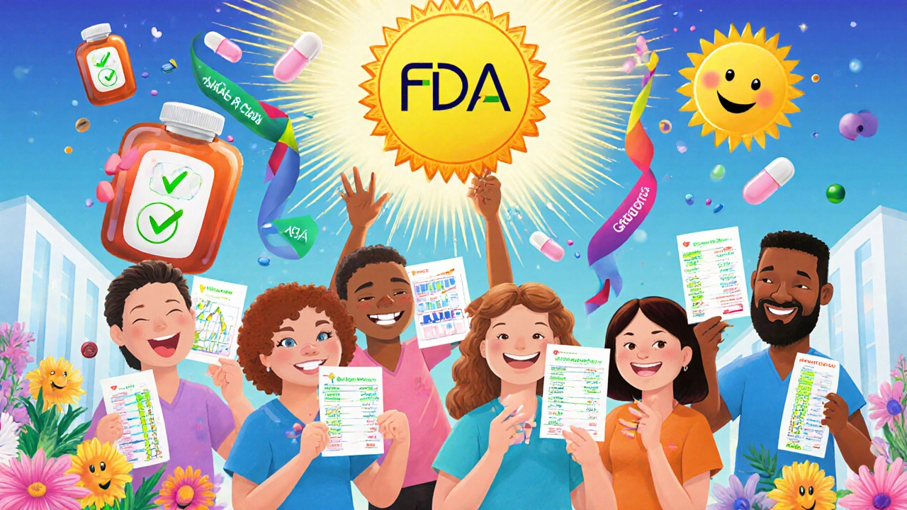 Diverse patients holding glowing blood test results, with FDA badge and dancing bioequivalence graphs above them.
