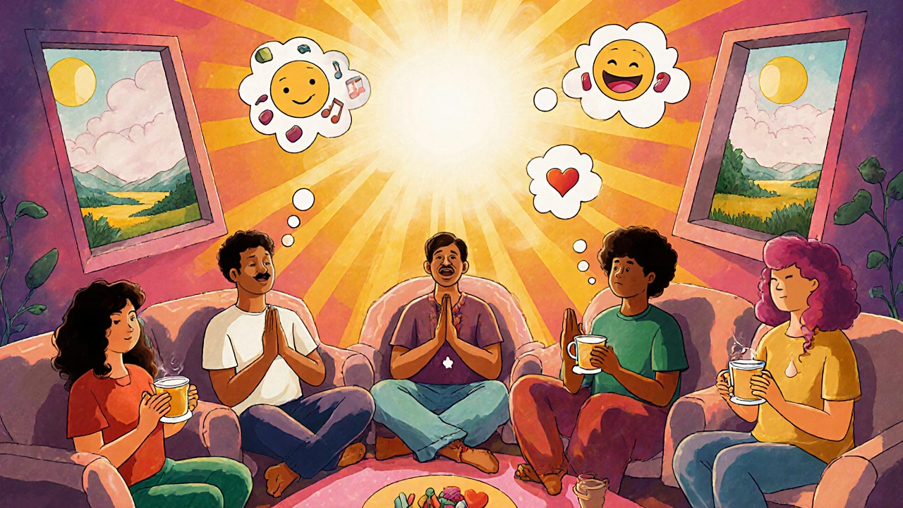 Diverse people relaxing in a dreamy room, practicing calm techniques with floating thought bubbles and soft light.