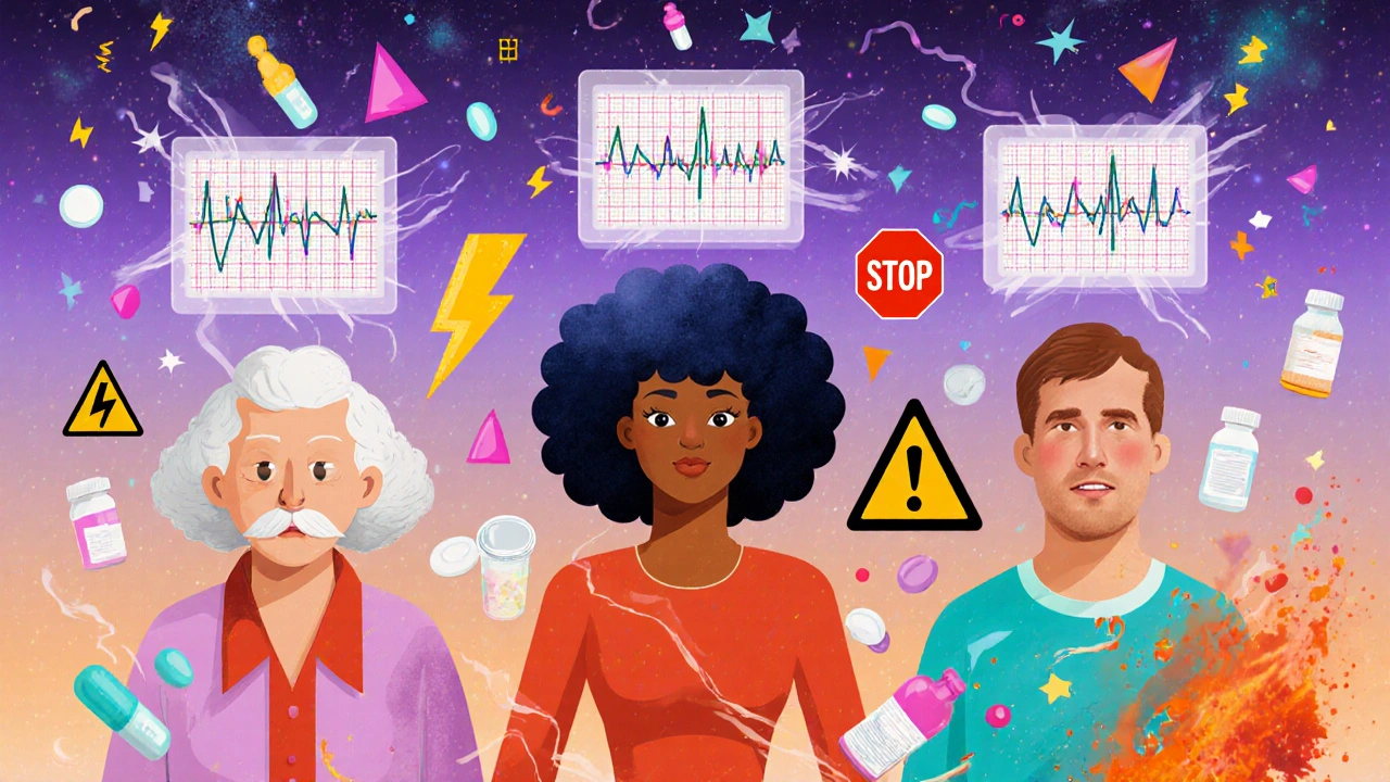 Diverse people with glowing ECGs showing prolonged QT intervals, surrounded by warning symbols and floating pills.