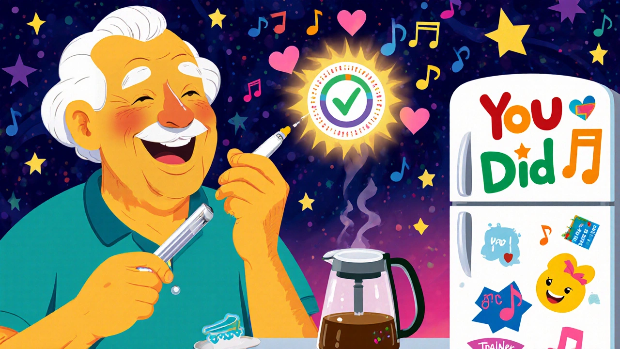 Elderly person using an insulin pen next to coffee, with floating dose tracker and stickers on fridge in vibrant style.