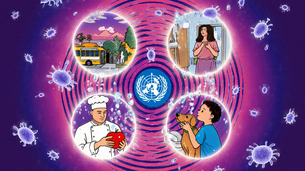Four key handwashing moments illustrated in a circular design with glowing germs and soap spirals, Peter Max style.