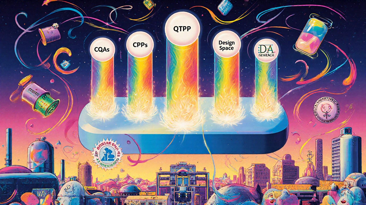Giant pill with five rainbow pillars representing QbD components in a psychedelic city