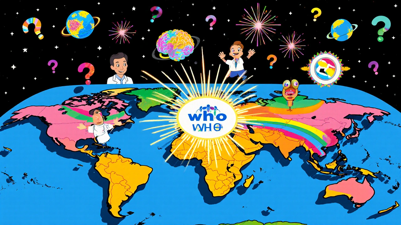 Global map of rainbow ribbons showing international safety signals flowing to a central hub