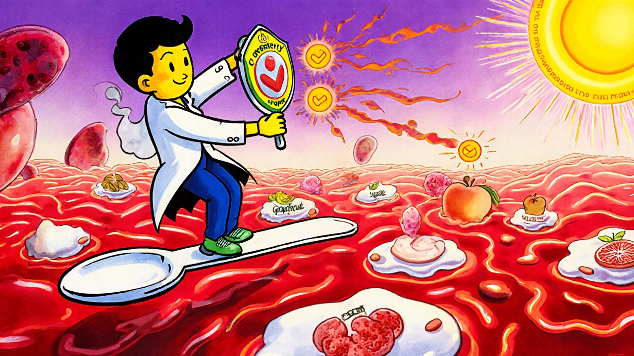 Hero riding a spoon through a bloodstream, shielding against dangerous foods with safe ones in the distance.