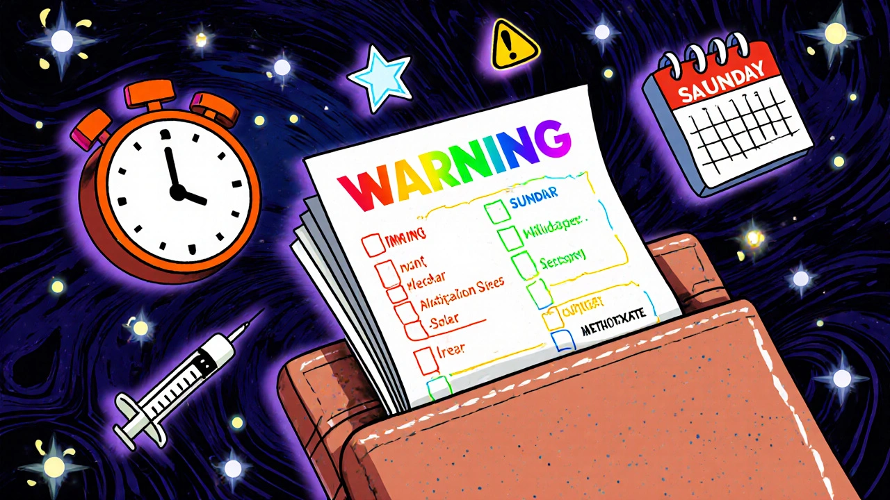 Open wallet revealing a printed medication list with radiant safety warnings and icons.