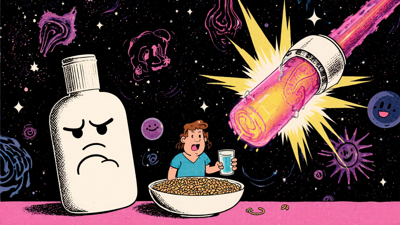 OTC cream overwhelmed by medical device, patient holding water and fiber, cosmic background.