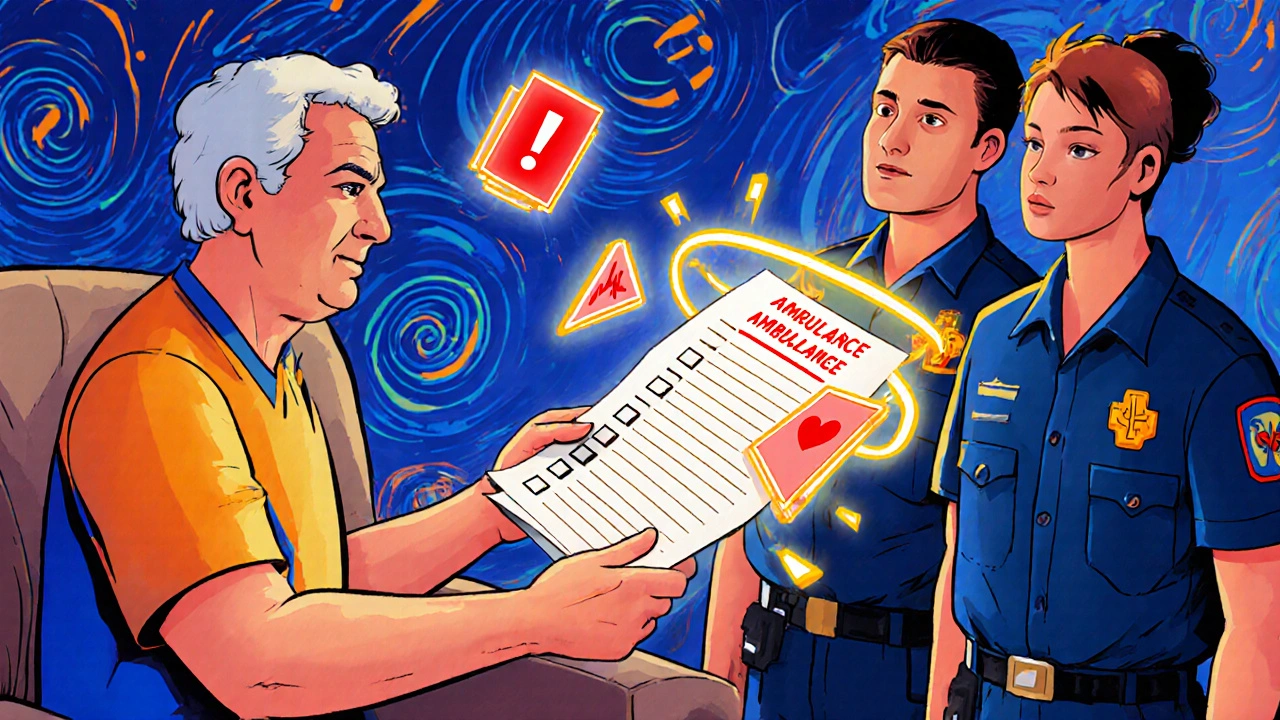 Patient giving a highlighted medication list to ambulance crew, glowing warnings visible.