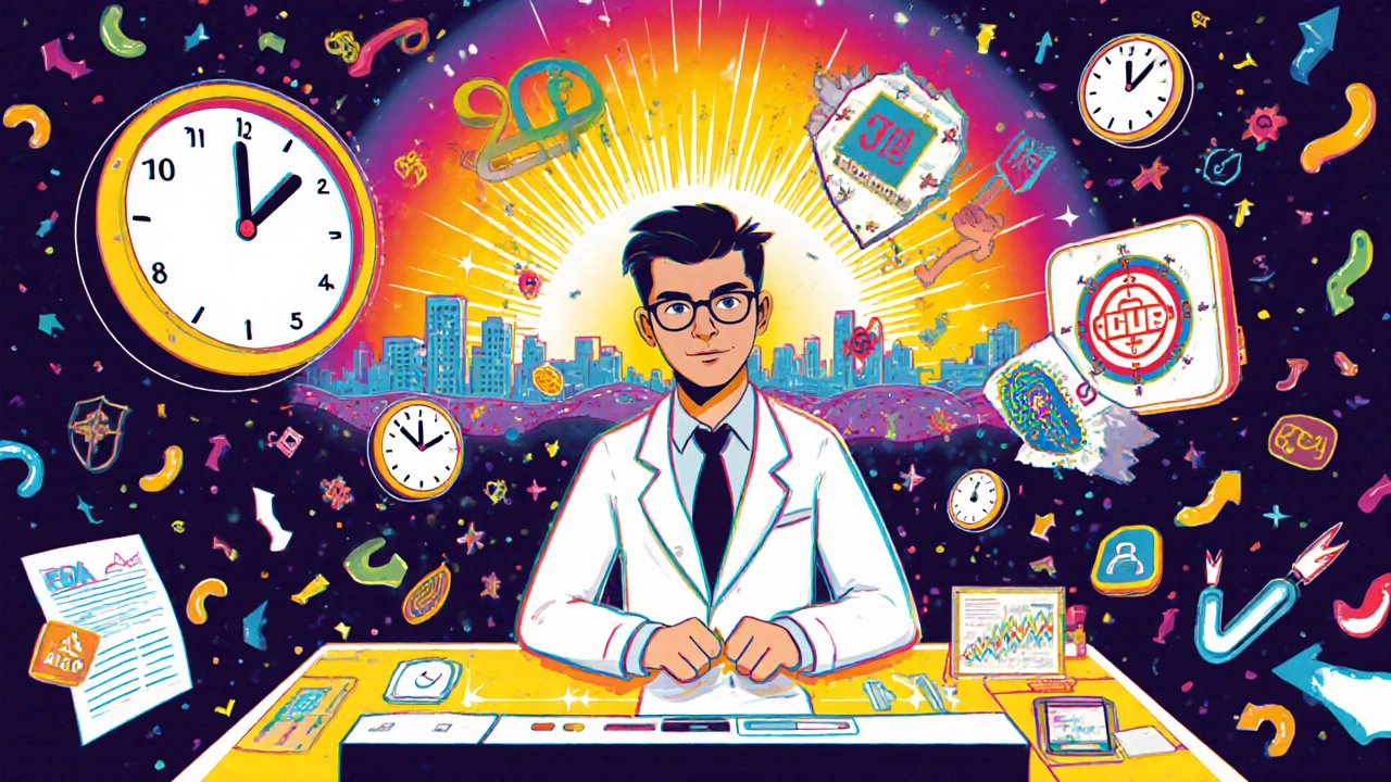Scientist at a colorful control console surrounded by deadline clocks and safety alert icons