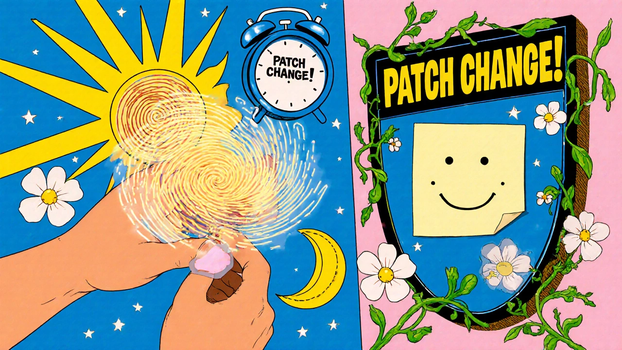 Someone applying a patch with glowing energy patterns, surrounded by floating suns and a reminder alarm on a mirror.