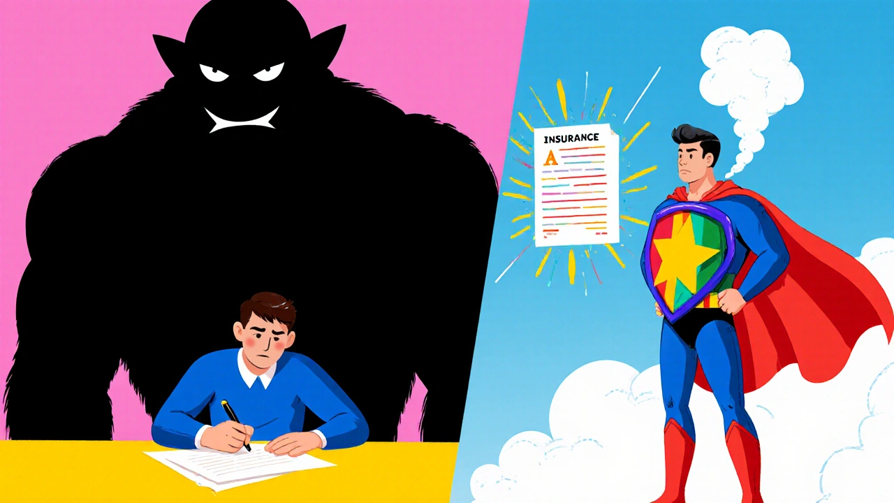 Split scene: a startup founder threatened by a liability monster on one side, protected by a superhero insurance shield on the other.