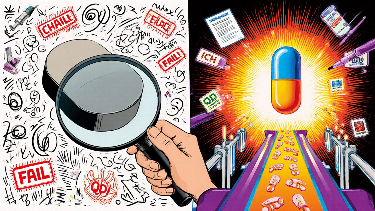 Split scene: chaotic old method vs. harmonious QbD approach with glowing science elements