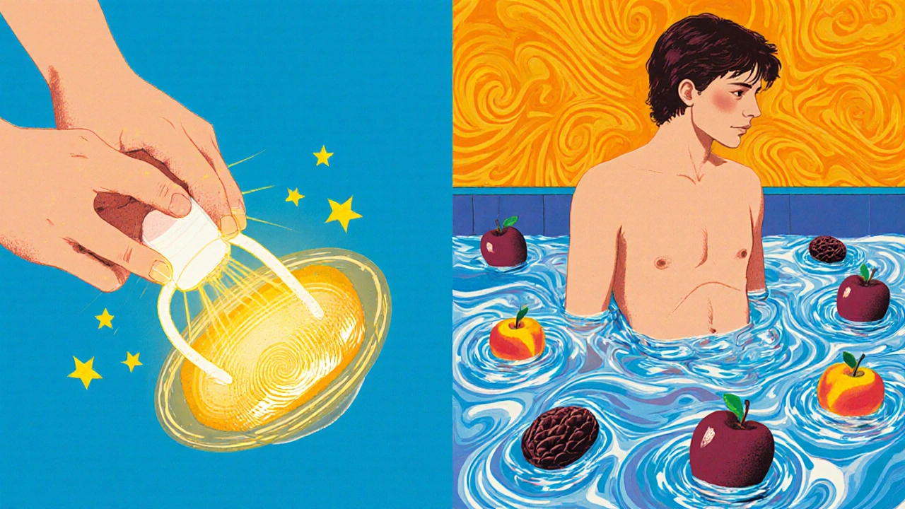 Split scene of suppository use and sitz bath with floating fruits and glowing medicinal light.