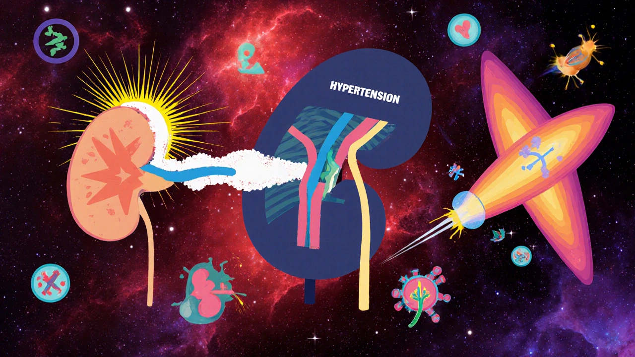 Three abstract figures representing diabetes, hypertension, and immune attack on kidneys.