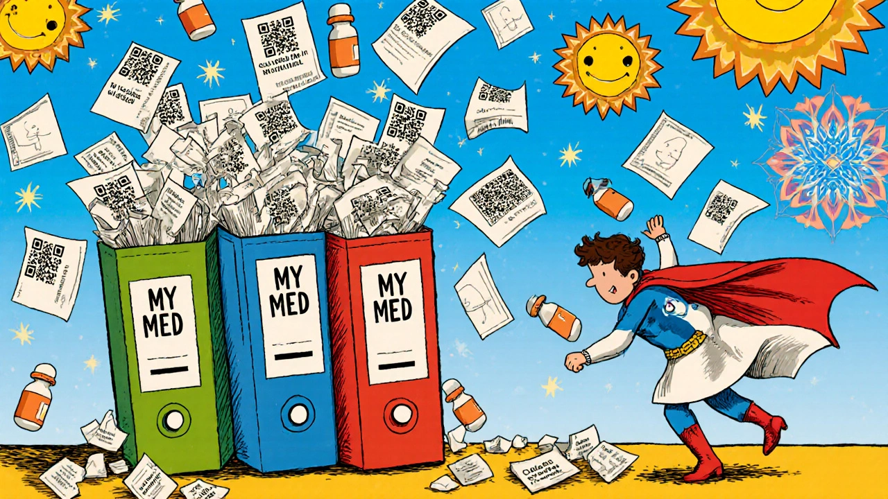 Three binders with smiling leaflets on a shelf, a QR-code superhero flying above, defeating discarded papers.