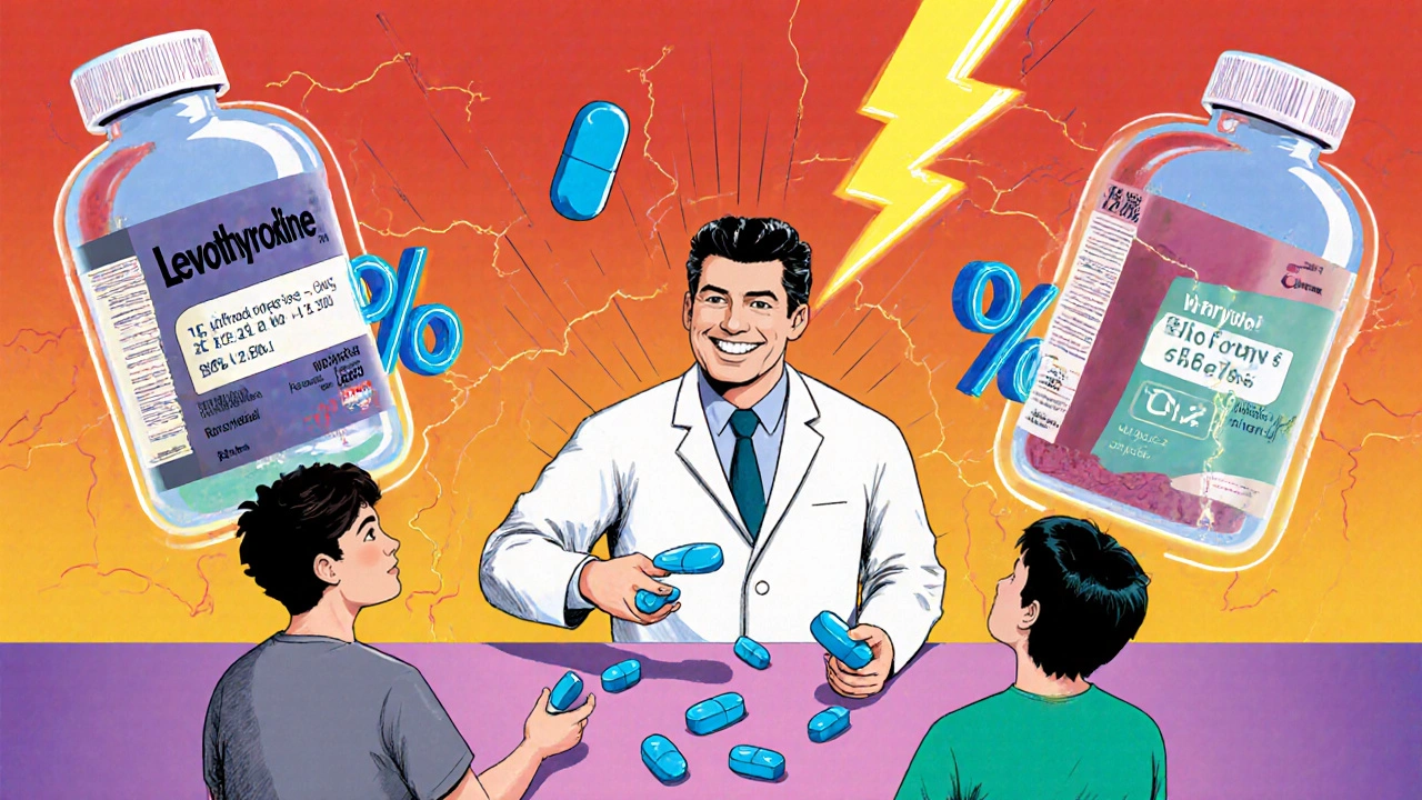 Three people reacting differently to identical generic pills at a pharmacy counter with glowing vials.