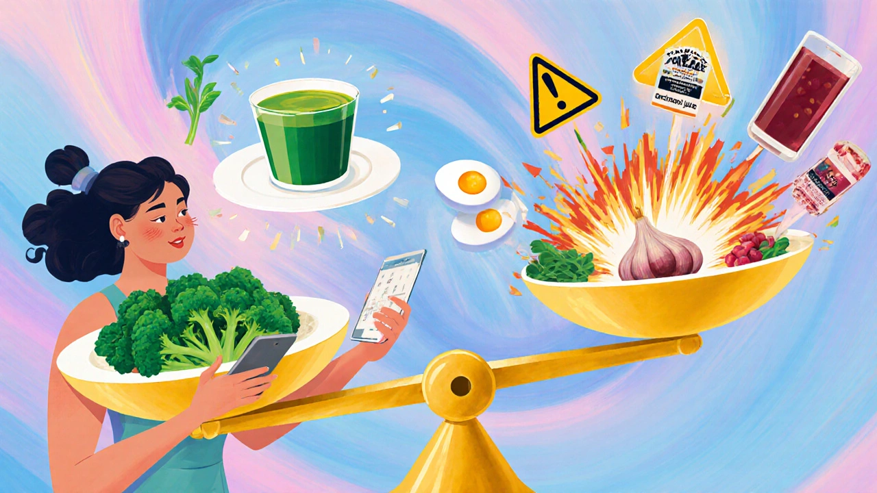 Woman logging meals on a phone with balanced food icons and chaotic dangerous foods around her.