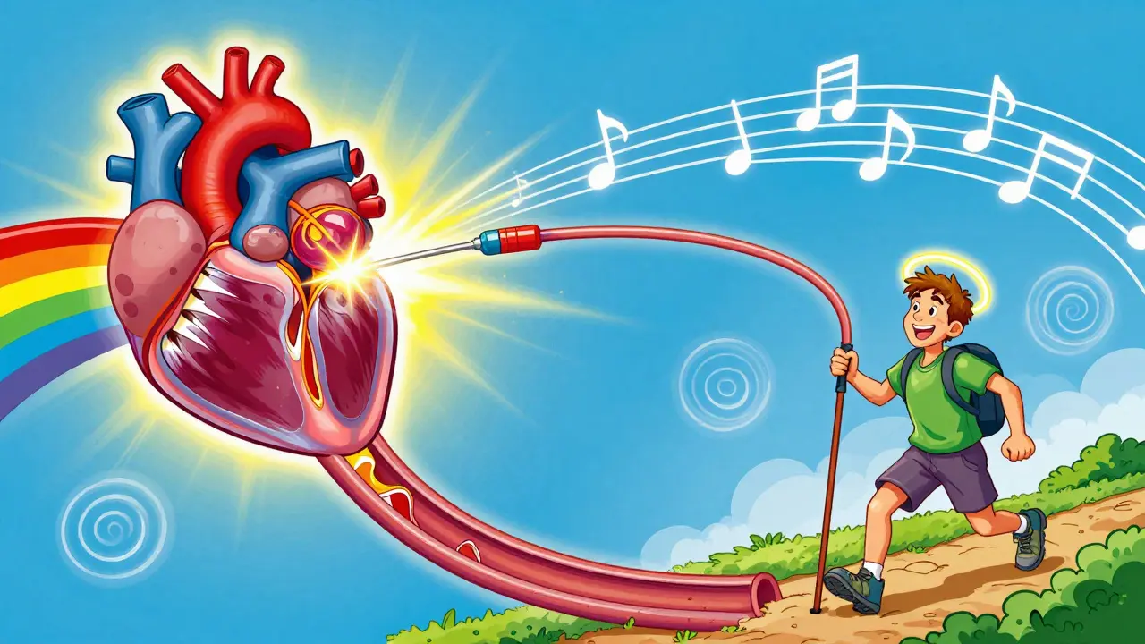 A catheter replacing a heart valve with rainbow light, patient hiking joyfully under swirling colors.