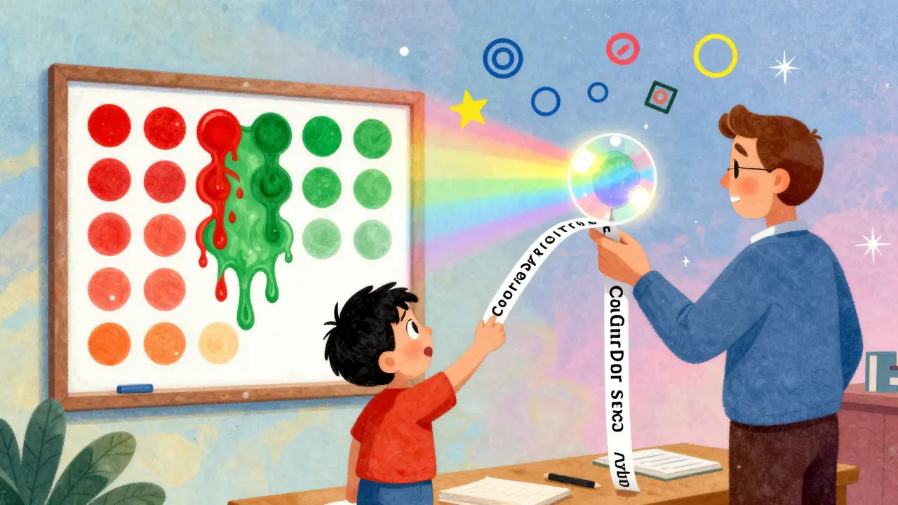 A child confused by color-coded chart, teacher shows labeled tape, floating ColorADD symbols in dreamy background.
