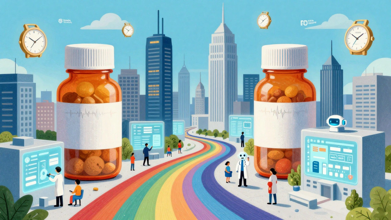 A city of pill-shaped buildings with data rivers and health monitors, symbolizing real-world drug safety systems.