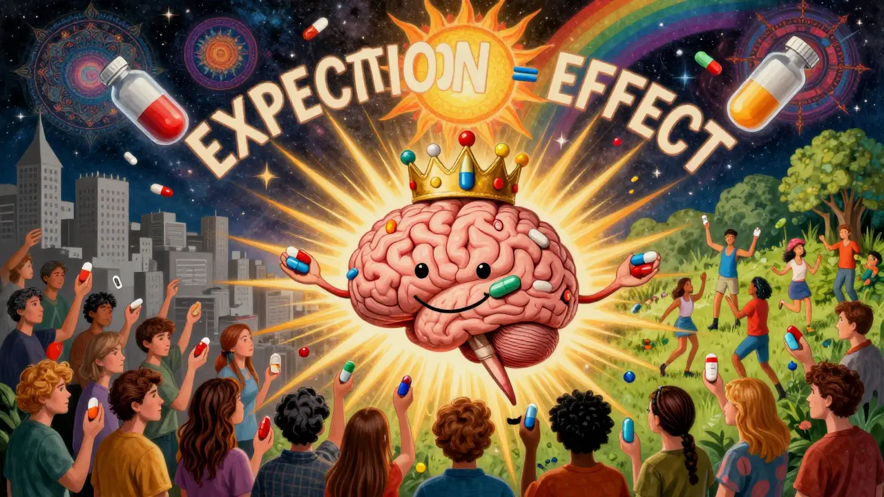A crowned brain radiating light to people holding pills, with a split scene showing dull vs. joyful worlds in psychedelic art style.