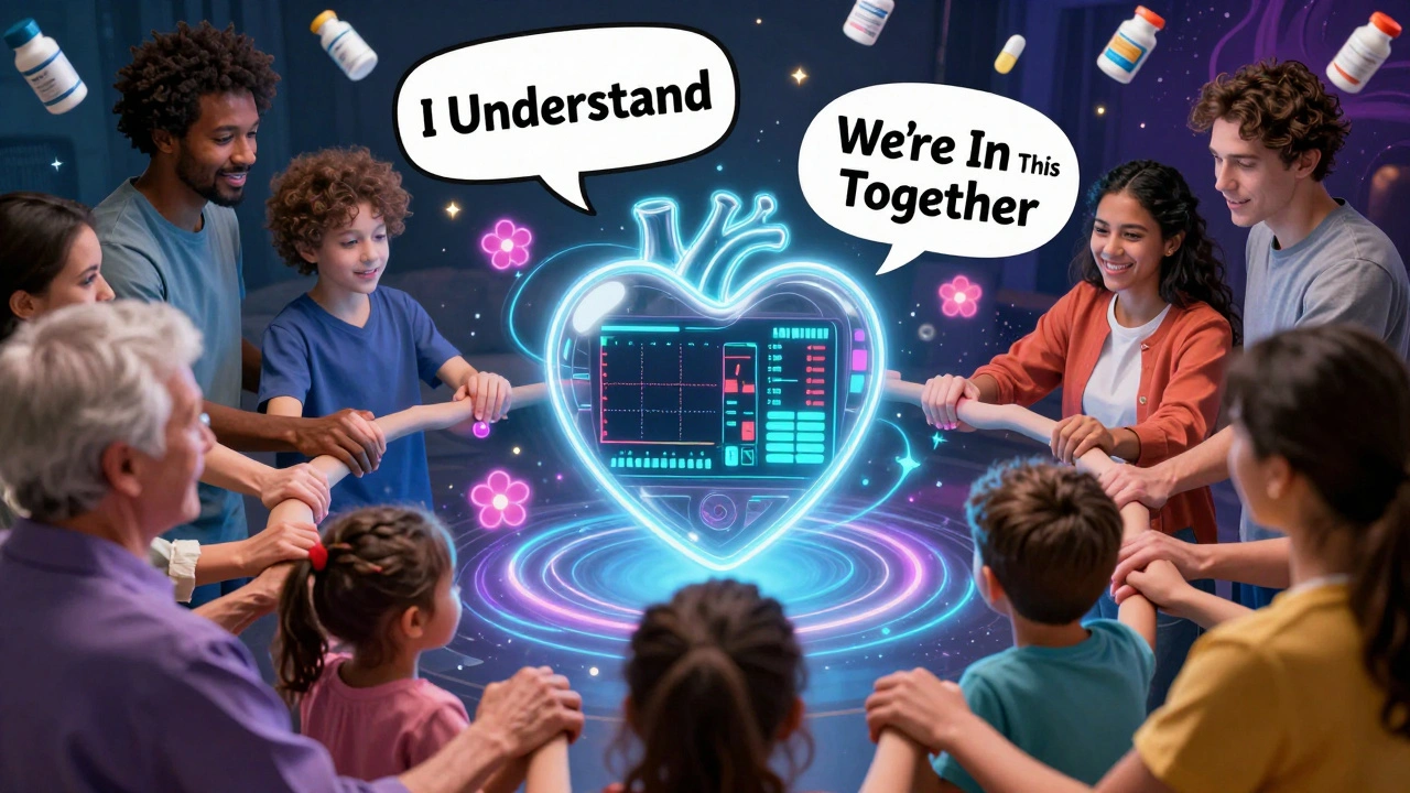 A diverse group of patients holding hands around a glowing heart monitor showing drug supply data, surrounded by neon flowers.