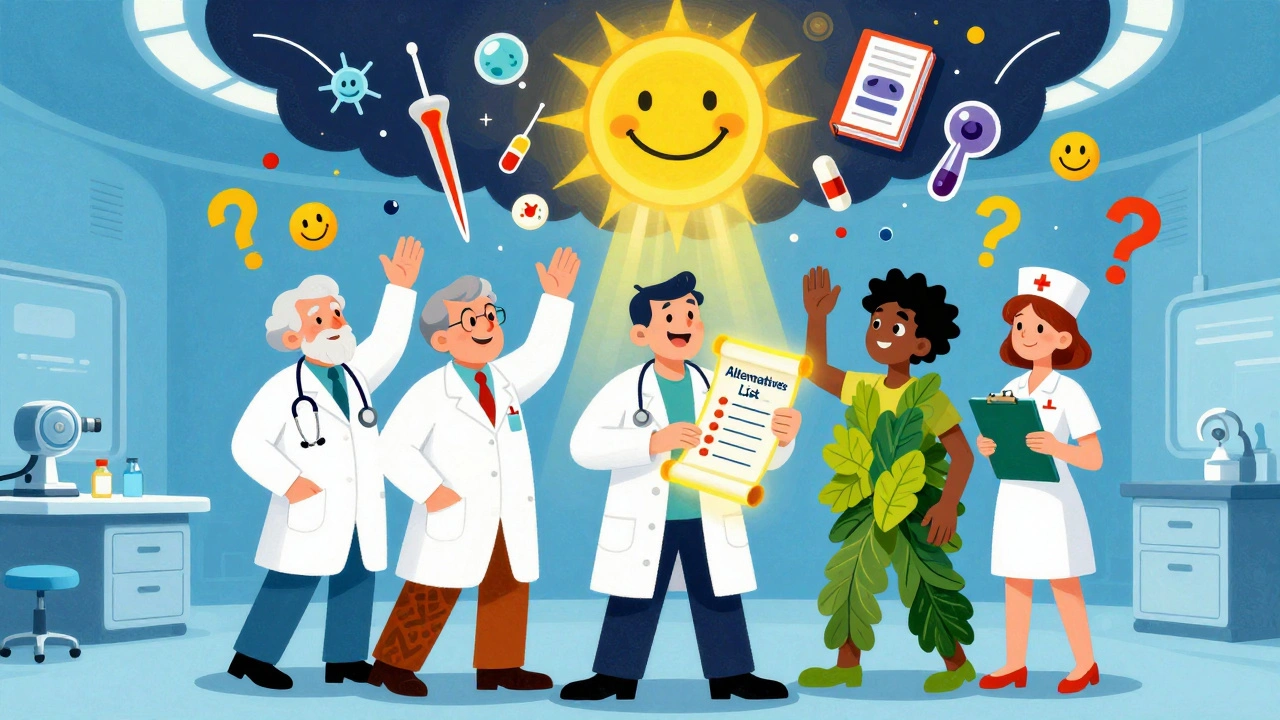 A diverse medical team pushing away risky drugs and promoting safe alternatives with glowing, rainbow-colored tools.