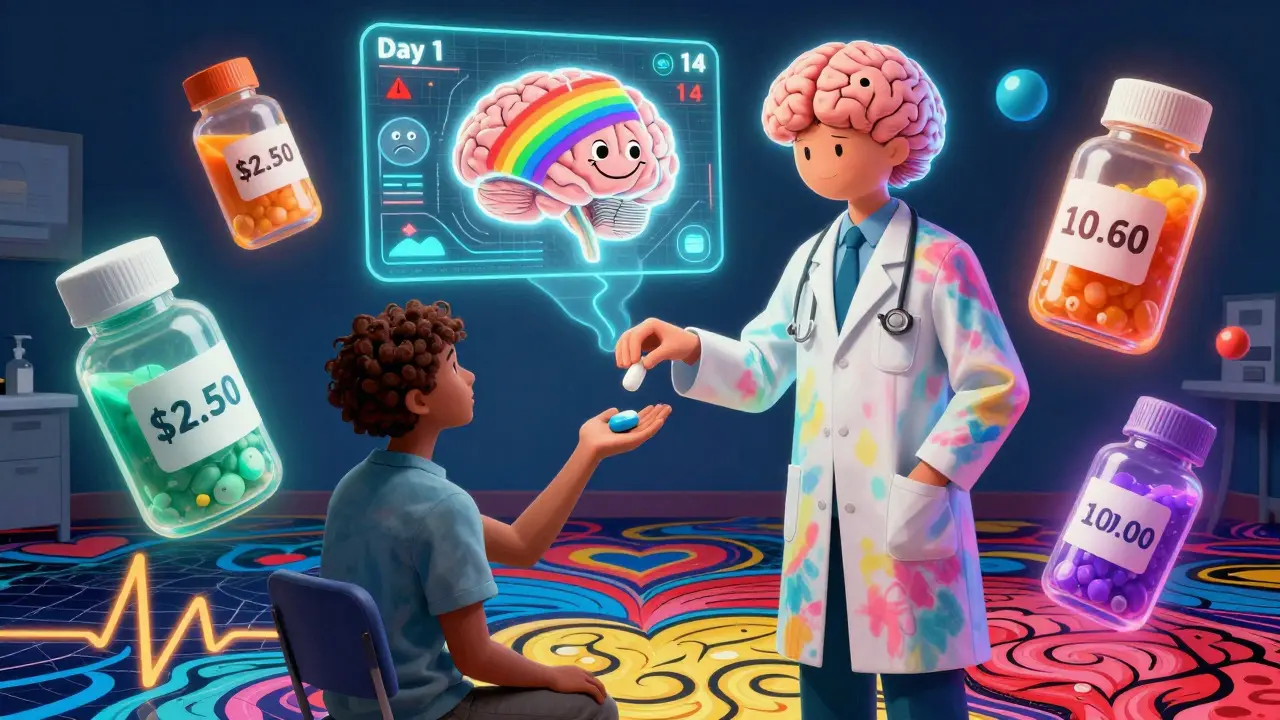 A doctor giving a generic pill while a glowing brain shows a timeline from discomfort to calm, in vibrant, swirling colors.