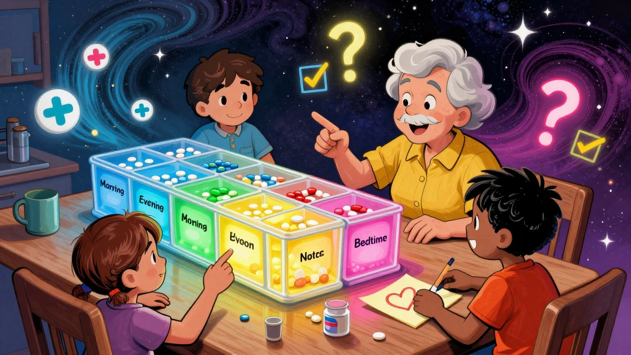 A family uses a brightly colored pill organizer at the kitchen table, with glowing compartments and a child drawing a heart.