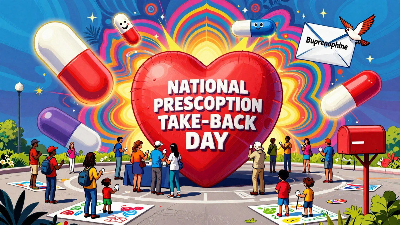 A festive drug take-back day event with a heart-shaped bin, people dropping off meds, and floating smiling pills.