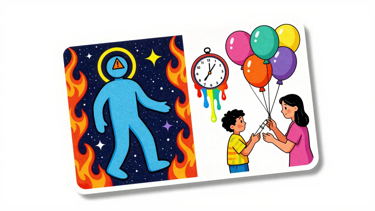 A floating medical alert card with a glowing figure and re-inflating adrenal balloons, set in psychedelic cosmic colors.