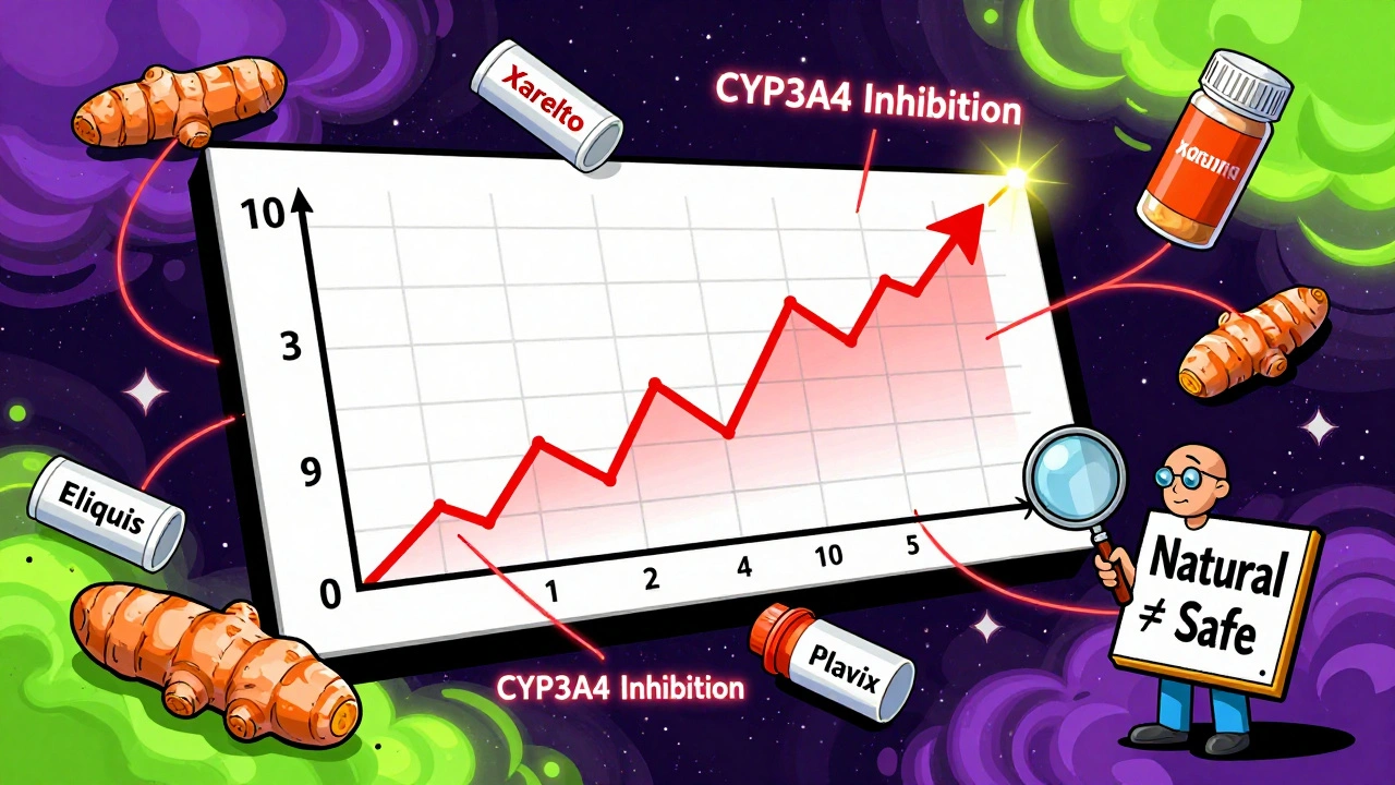 A floating medical chart showing INR spiking to 10, surrounded by turmeric and prescription bottles with glowing inhibition threads.