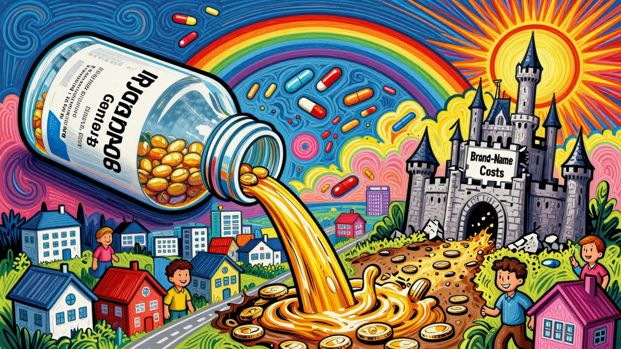 A giant generic bottle pours savings into a city, while a &#039;Brand-Name Costs&#039; castle crumbles, all in Peter Max&#039;s rainbow swirls.