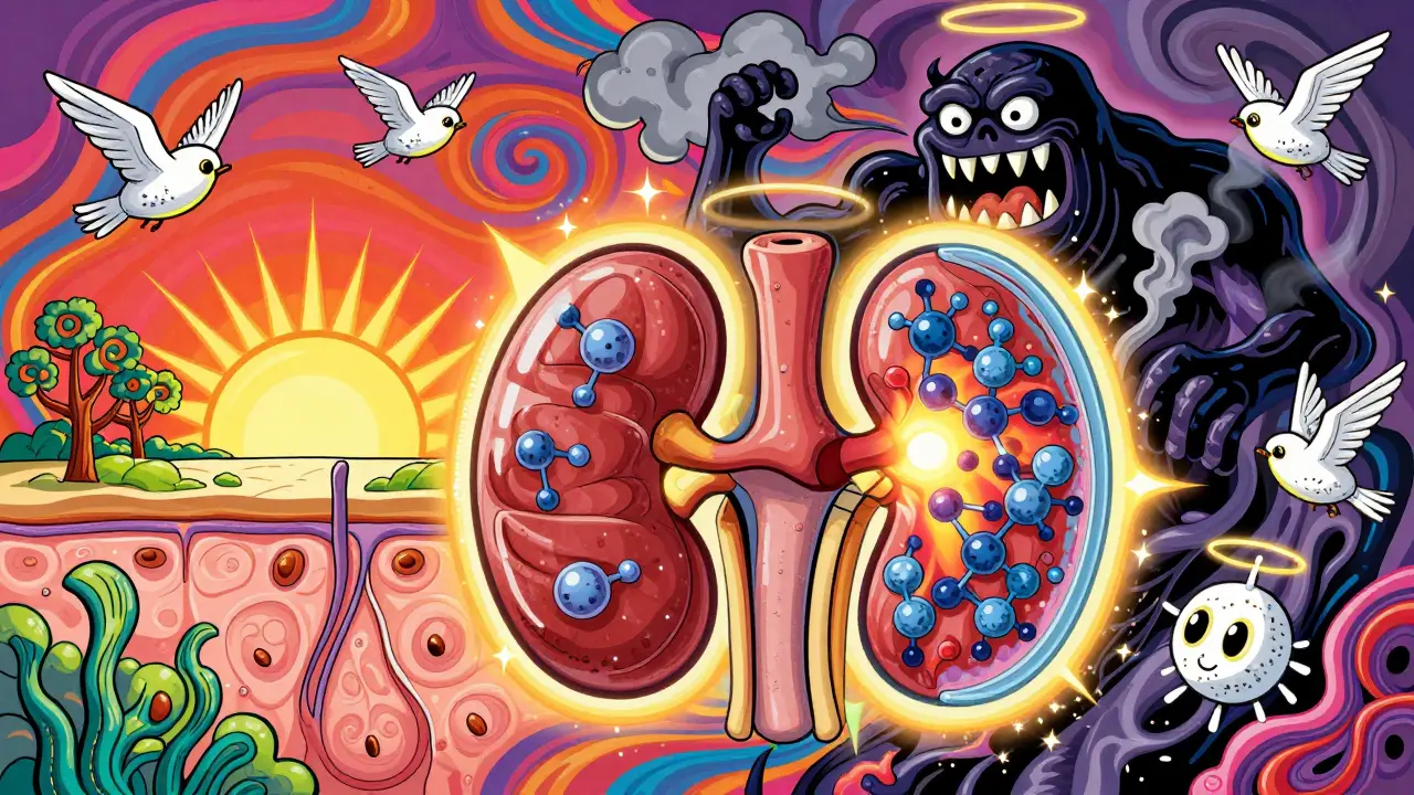 A glowing transplanted kidney protected by sirolimus molecules, while a harmful drug dissolves into smoke under a radiant sun.