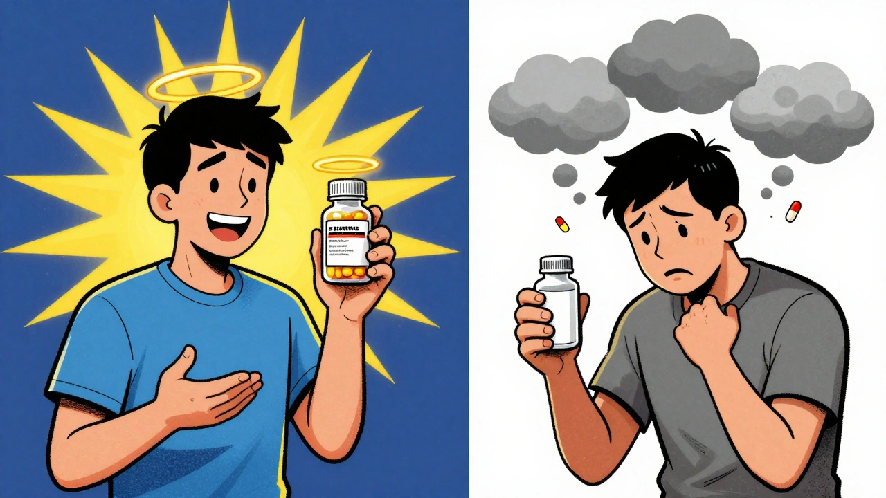 A happy patient with a brand-name pill versus a worried patient with a generic, showing contrasting emotional responses to the same medicine.