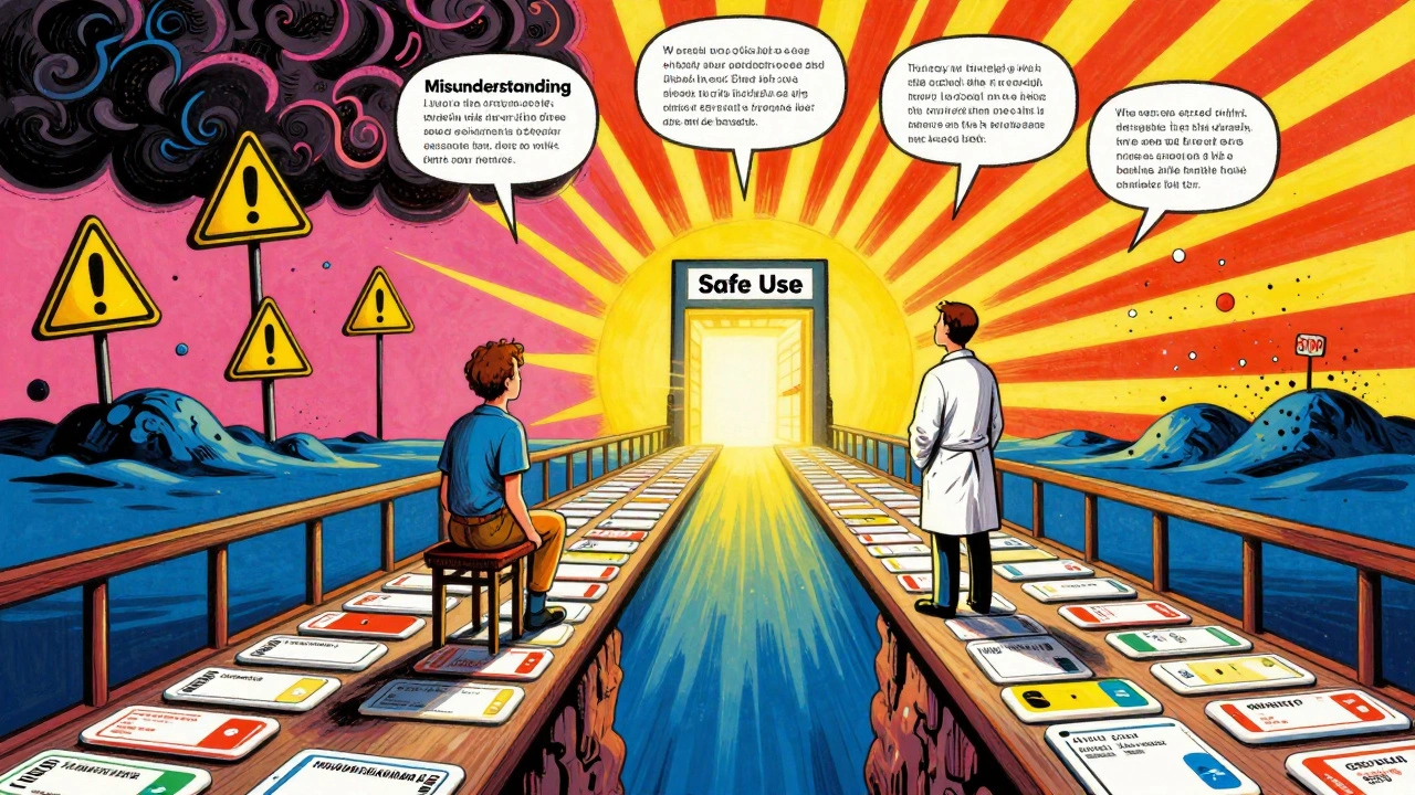 A patient and doctor on a bridge of drug labels, moving from chaos toward clarity under a radiant sunburst of safe-use messages.