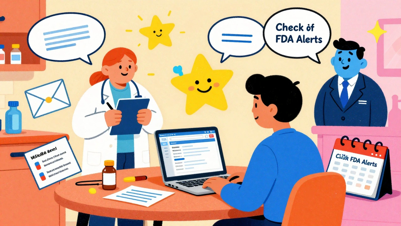 A patient at a table with cartoon doctors and pharmacists guiding them through FDA alerts in colorful, floating speech bubbles.