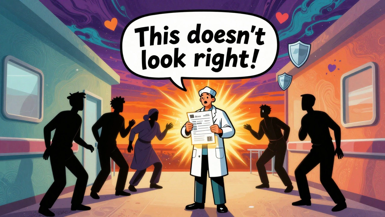 A patient confidently holds a glowing medication list in a hospital hallway, while staff step back in surprise.