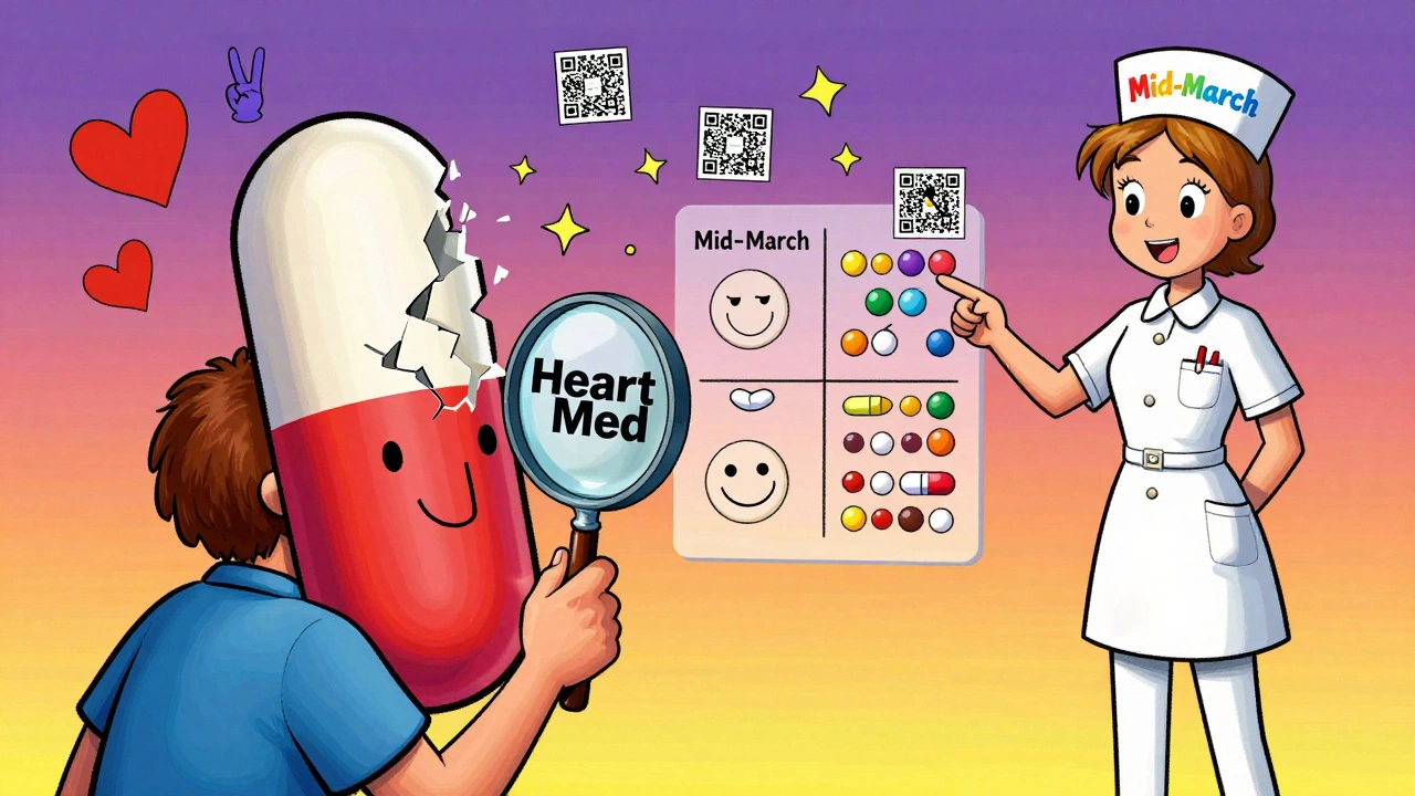 A patient examining a clear alternative medication chart with floating QR codes and a rainbow timeline during a drug shortage.