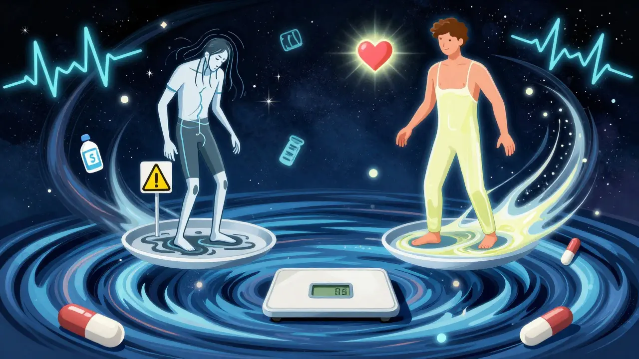 A patient on a floating scale with contrasting sides showing dehydration and balanced hydration.