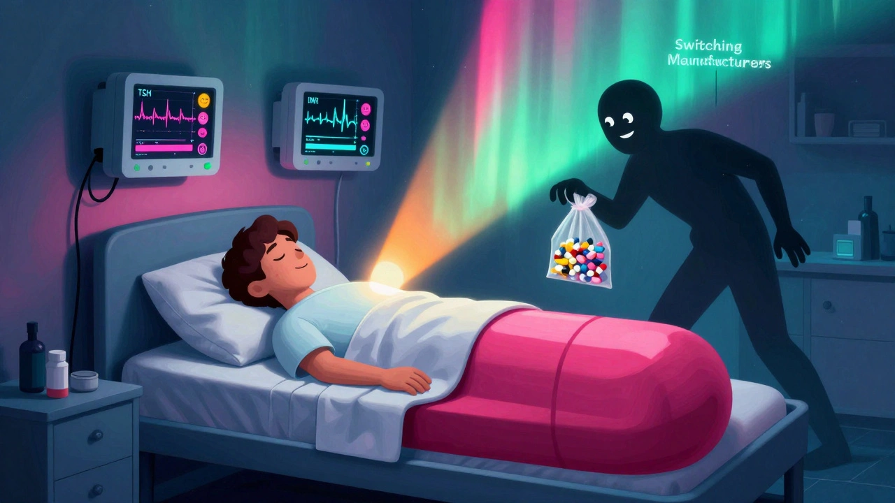 A patient sleeping on a pill-shaped bed with floating health monitors, while a shadowy figure tries to switch pills.