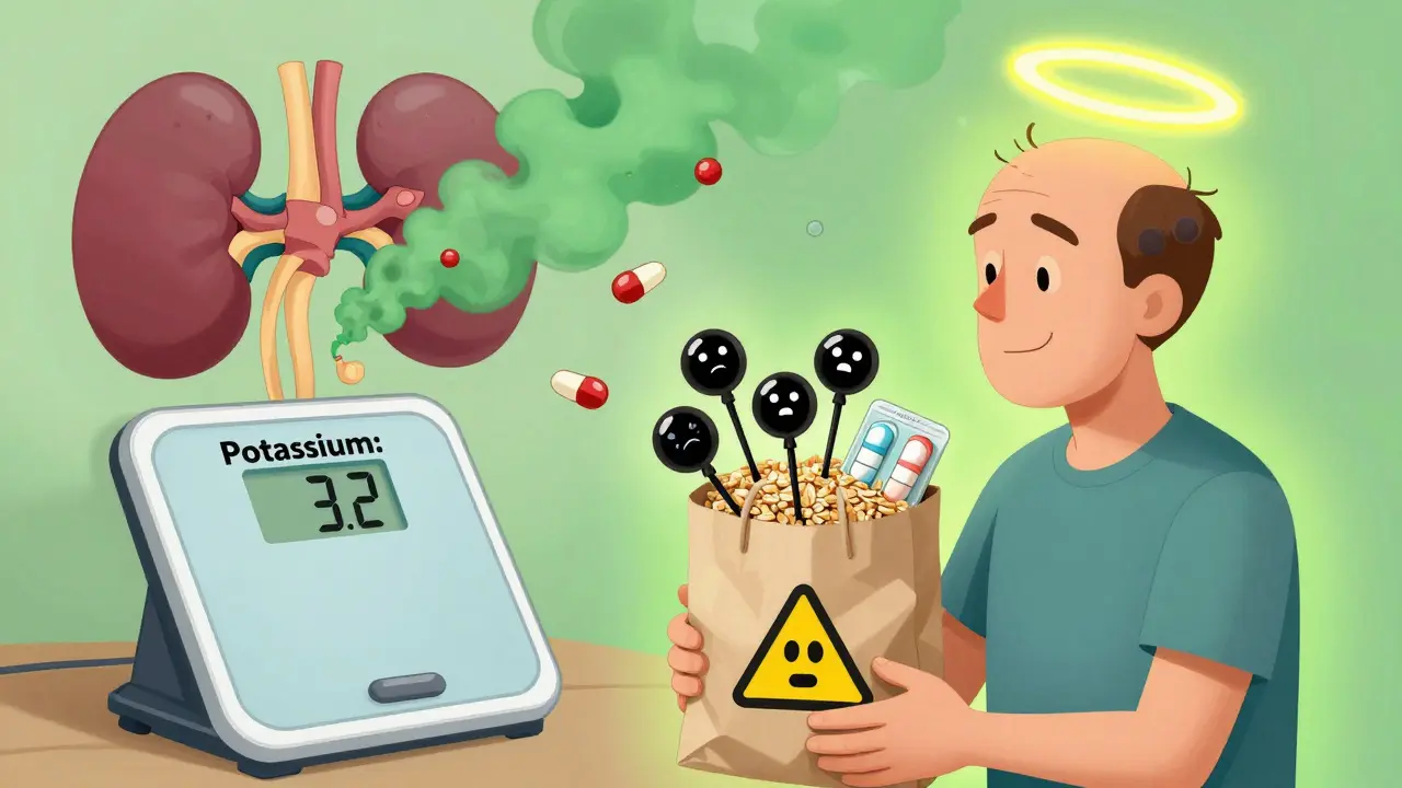 A patient surrounded by dangerous foods and supplements, with low potassium and halos of light.