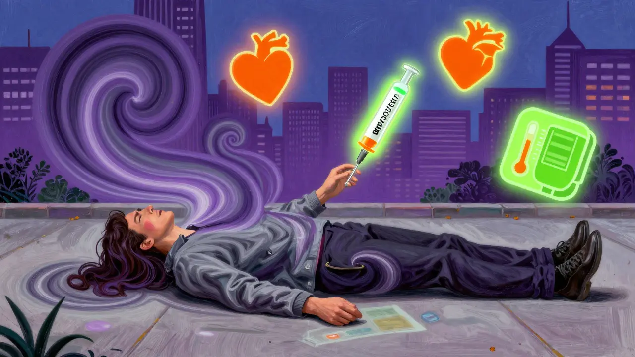 A person collapsing with swirling symptoms around them, an emergency injection hovering above their hand in vibrant neon tones.