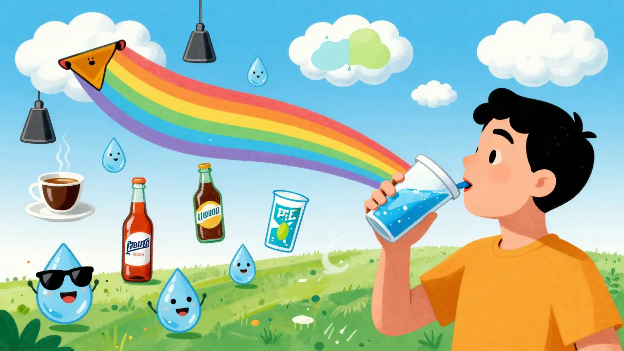 A person drinking from a smart cup as cheerful water droplets push away coffee and alcohol icons.