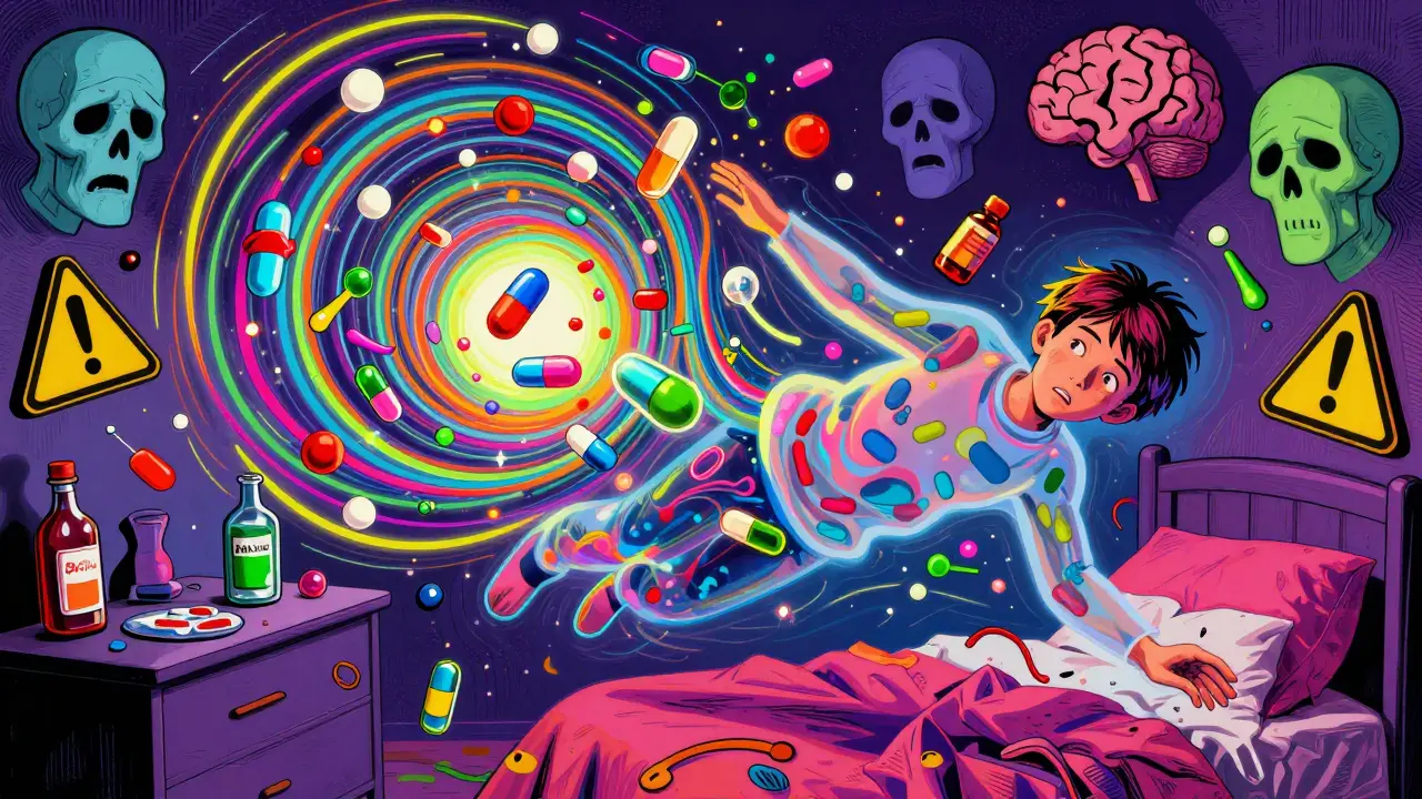 A person floating above a chaotic room with neon molecules and hallucination faces, representing DXM dissociation.